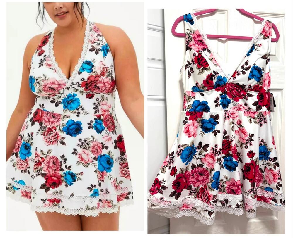 Torrid 1 (1X 14/16) Rose Garden White Lace Trim Mid Wireless Swim Dress w/Briefs